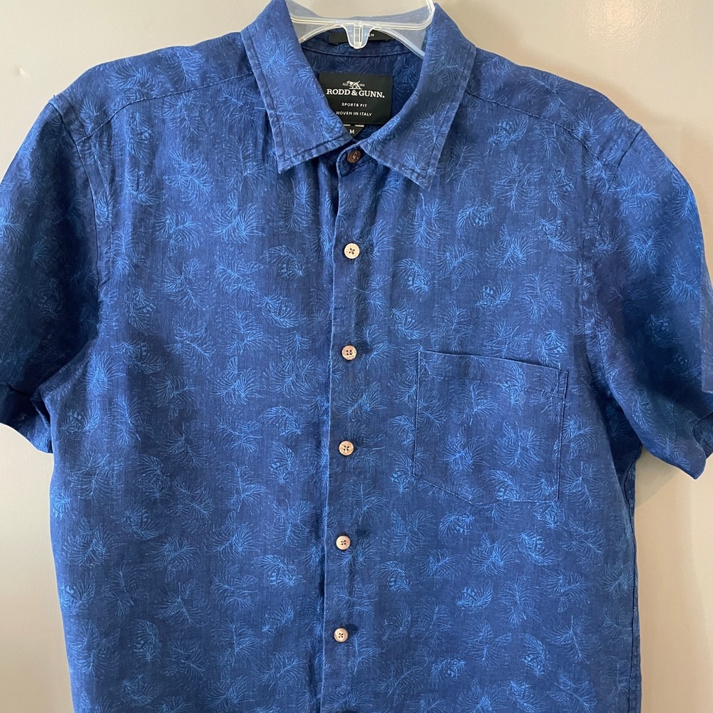 Rodd & Gunn Blue Linen Palm Print Short Sleeve Button Front Shirt Mens Medium